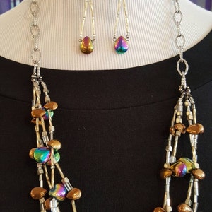 Multistrand Necklace with Glass Beads and Matching Earrings, Statement Necklace, Long Necklace, Iridescent Beads image 2