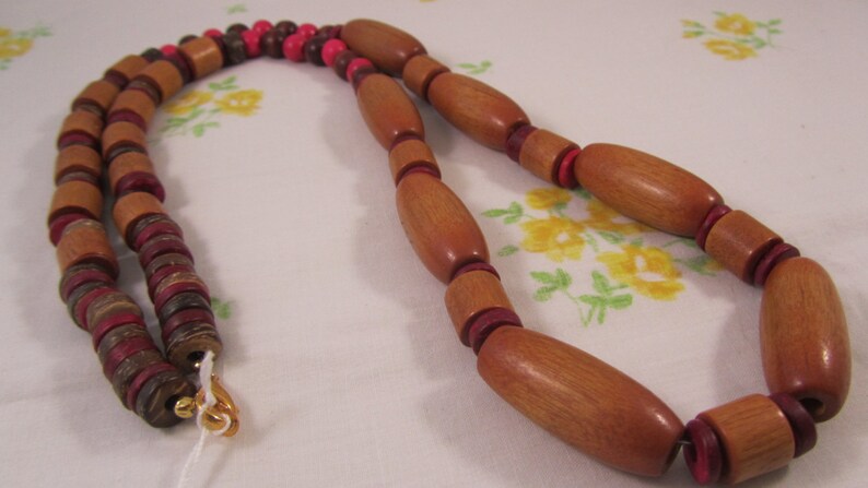 Long Necklace, Hot Pink and Natural Wood Beads image 5