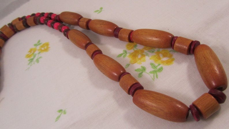 Long Necklace, Hot Pink and Natural Wood Beads image 4