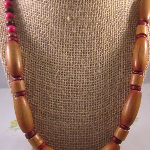 Long Necklace, Hot Pink and Natural Wood Beads image 3