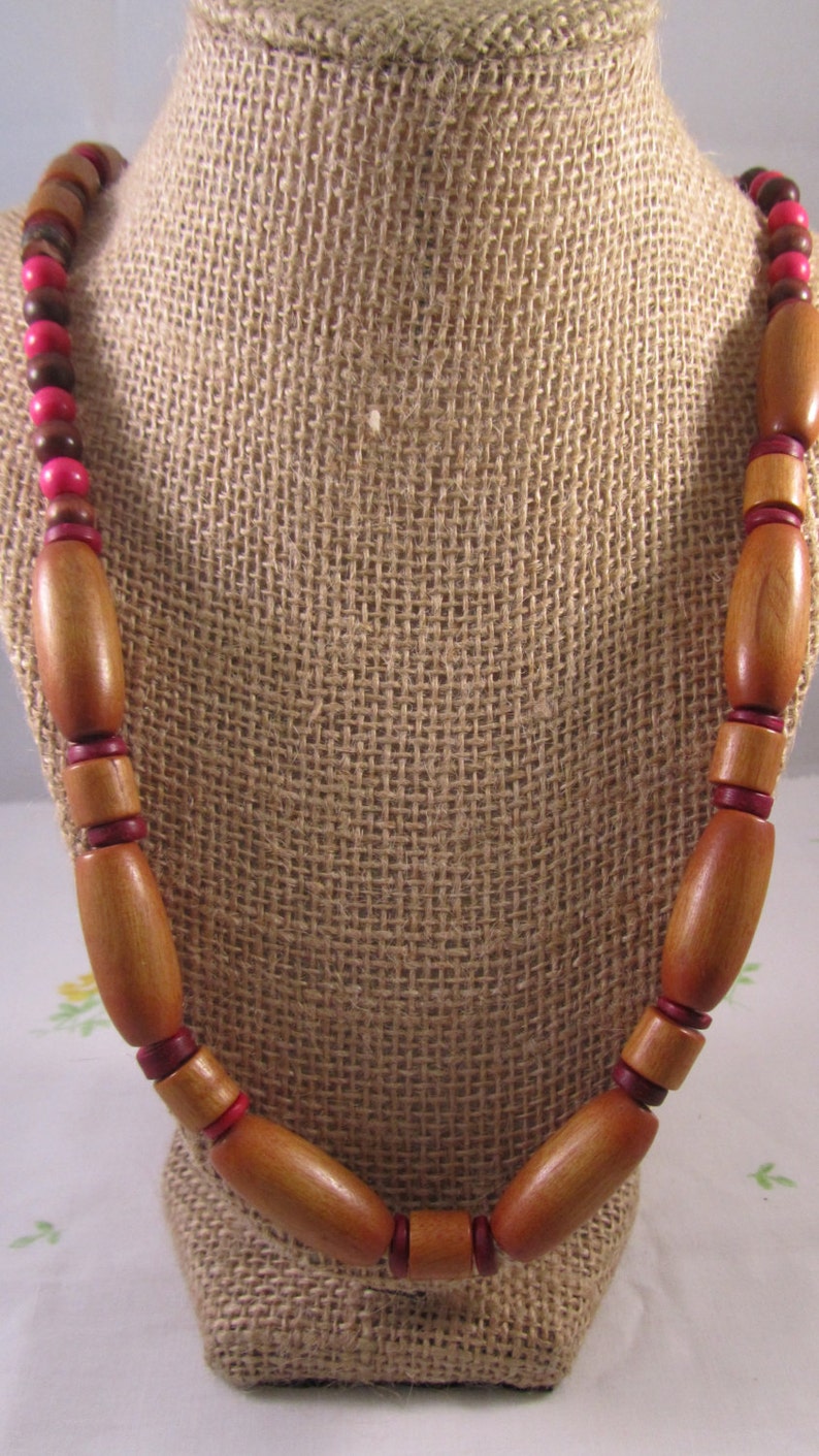 Long Necklace, Hot Pink and Natural Wood Beads image 3