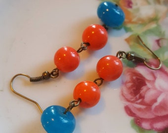 Teal & Orange Beaded Dangle Earrings with Nickel Free Brass Ear Wires