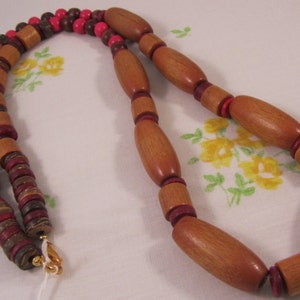 Long Necklace, Hot Pink and Natural Wood Beads image 2