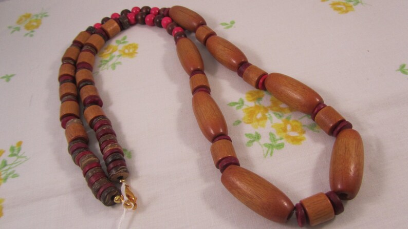 Long Necklace, Hot Pink and Natural Wood Beads image 2