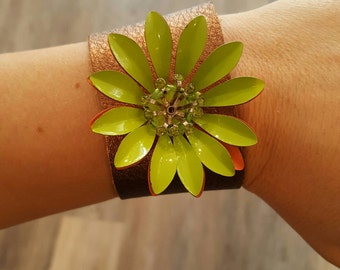 Copper Leather Cuff Bracelet with Large Green Vintage Flower Brooch