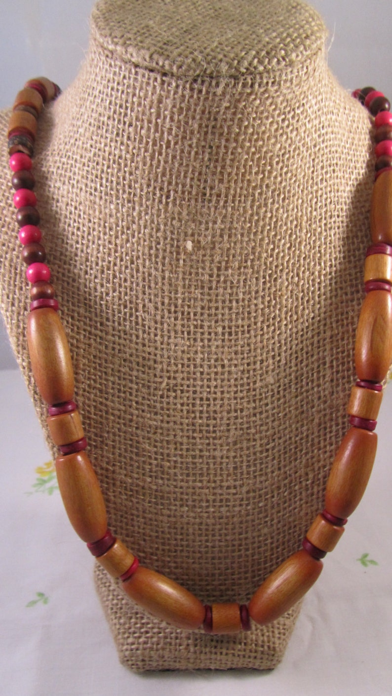 Long Necklace, Hot Pink and Natural Wood Beads image 1