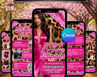 Invitación de cumpleaños Trippin, itinerario de vacaciones animado, plantilla de planificador de viajes, calendario de fin de semana Evite, leopardo rosa, editable en Canva