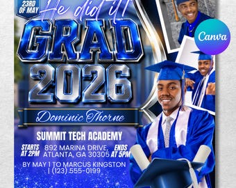Folleto de graduación 2026 azul Invitación de graduación Plantilla Canva Folleto de fiesta de graduación de secundaria y universidad Invitación de graduación de fraternidad
