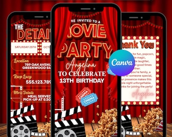 Movie Birthday Party Invitation. Digital Animated Movie Theater Invite for a Boy of Girl. Cinema Showing eVite. DIY Editable Template.