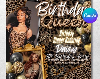 Invito di compleanno per ragazze con stampa Big Mama Cheetah Cherry, invito di compleanno modificabile con stampa Cheetah, cena e drink Glam Party, download PDF