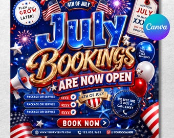 July Booking Flyer, July Bookings, 4th of July Booking Flyer, July Books Open, Appointment Flyer, Hair Nails Lashes Makeup, Book Now Flyer