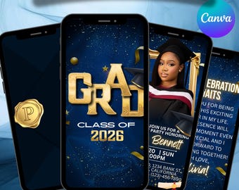 Plantilla de invitación de graduación 2026, invitación de graduación animada, invitación editable para fiesta de graduación en Canva, invitación de graduación azul marino y dorado.