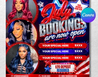 DIY July Booking Flyer, 4th of July Specials, July Bookings Available for MUA, Hair, Lashes, Nails, Beauty Flyer, Canva Template, Book Now