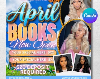 April Booking Flyer, Spring Booking Flyer, Easter Flyer, April Hair, Spring Books Open, April Book Now, April Lashes Nails Braid Wig Flyer
