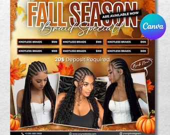 Fall Braids Booking Flyer, Fall Szn Booking Flyer, November Books Open, Hair Lash Nail Braids MUA Wig, Thanksgiving Booking