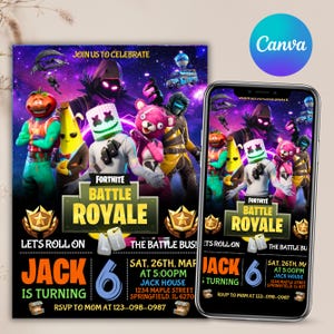 May include: A Fortnite Battle Royale birthday party invitation with cartoon characters set against a purple galaxy backdrop. The invitation includes the text "Join Us To Celebrate", "Jack is Turning 6", and party details.