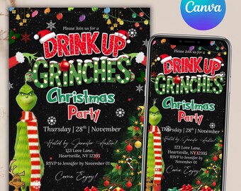 Drink up Grinch Invitation, Grinchmas Party Invite, Christmas Party Invitation, Grinchmas Party, Merry Grinchmas invitation, Canva Editable