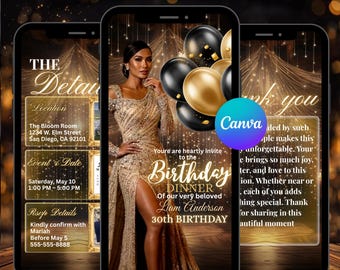 Digital Birthday Party Invitation Video Template, Luxury Black and Gold Balloon Editable Invite, Women’s Birthday Animated Canva Evite