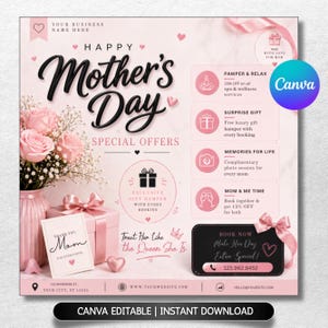 Könnte beinhalten: Ein rosa Werbegrafik zum Muttertag mit Text und Illustrationen. Es zeigt einen Strauß rosa Rosen, Geschenkboxen und die Worte "Happy Mother's Day". Sonderangebote umfassen Spa-Anwendungen, Geschenkkörbe und Fotoshootings.