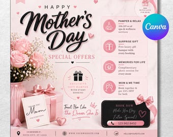 Plantilla de Canva con ofertas para el Día de la Madre para profesionales de la belleza y salones, folleto de reservas y publicación en redes sociales, editable en Canva.