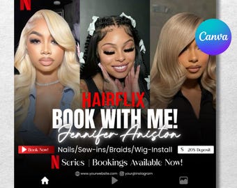 Folleto de reservas de HairFlix: Trenzas, pelucas y extensiones cosidas (editable en Canva)