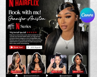 HairFlix Booking Flyer Template: Braids, Wigs, & Styles (Canva Editable)