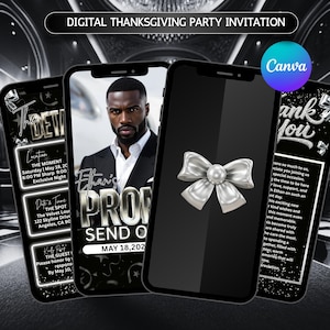 May include: Digital Thanksgiving party invitation displayed on multiple smartphones. The design features a black and silver color scheme with text and graphics. One phone displays a man in a suit, another a silver bow, and others event details.