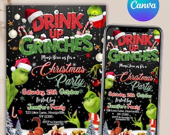 Drink up Grinch Invitation, Grinchmas Party Invite, Christmas Party Invitation, Grinchmas Party, Merry Grinchmas invitation, Canva Editable