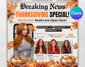 November Booking Flyer, Fall Szn Booking Flyer, Thanksgiving Book Now, November Hair Lash Nail Braids MUA Wig Autumn Flyer, Canva Editable