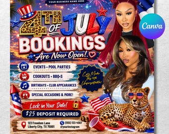 July Booking Flyer, Summer Beauty Flyer, Now Booking July, July 4th Flyer, Hair Braid Lash Brow Flyer, Fourth of July, Books Open, DIY Canva
