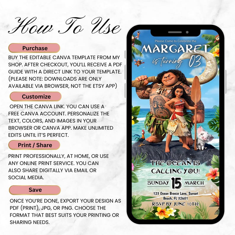 Baby Moana Birthday Invitation | Editable Canva Template Evite | Printable Ocean Theme Party Invite for Girl | Instant Digital Download Card