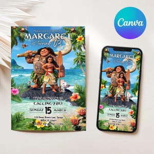 Baby Moana Birthday Invitation | Editable Canva Template Evite | Printable Ocean Theme Party Invite for Girl | Instant Digital Download Card
