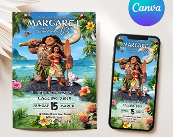 Baby Moana Birthday Invitation | Editable Canva Template Evite | Printable Ocean Theme Party Invite for Girl | Instant Digital Download Card