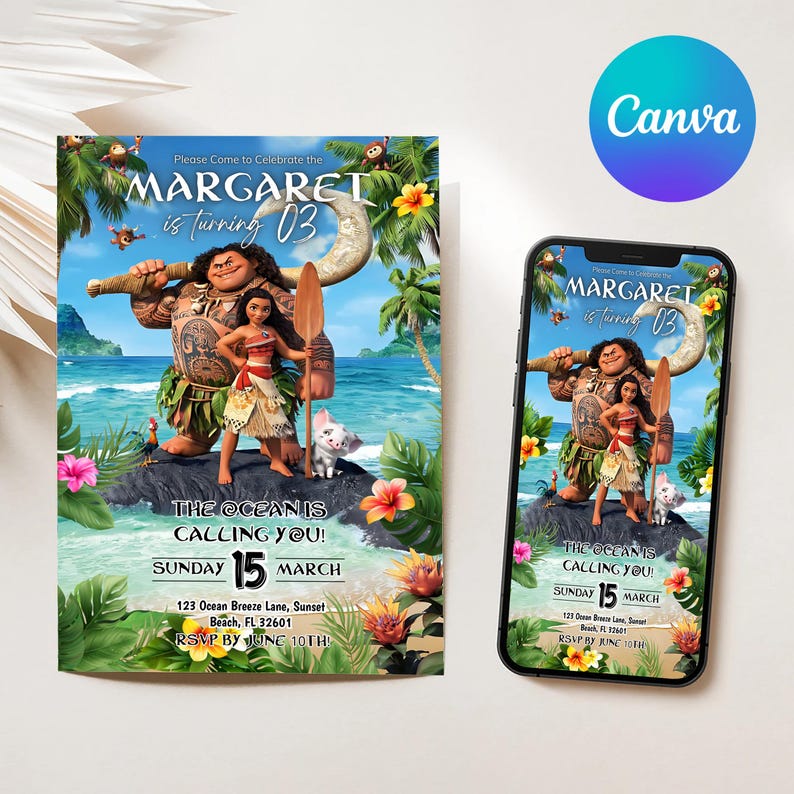 Baby Moana Birthday Invitation | Editable Canva Template Evite | Printable Ocean Theme Party Invite for Girl | Instant Digital Download Card