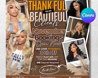 November Booking Flyer, Fall Szn Booking Flyer, November Books Open, Hair Lash Nail Braids MUA Wig, Thanksgiving Booking, Canva Editable