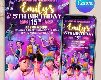 Kpop Demon Hunters Birthday Invitation - Editable Canva Template - Huntrix Golden - Printable Birthday Party Invite Digital Download