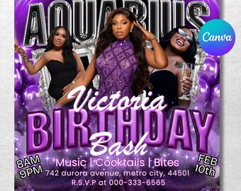 Volante de cumpleaños, Volante de cumpleaños de Acuario, Temporada de Acuario, Fiesta de cumpleaños Evite, Fiesta de cumpleaños de niña, Invitación de feliz cumpleaños, Canva editable