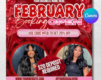 February Booking Flyer, Valentines Day Booking Flyer, February Booking, Holiday Deals Flyer, Makeup, Hair, Lashes, Nails, Canva Editable
