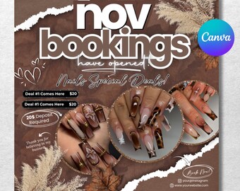November Nail Booking Flyer, Fall Szn Booking Flyer, Thanksgiving Book Now, Hair Lash Nail Braids MUA Wig Autumn Flyer, Canva Editable