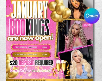 Folleto de reservas de enero, folleto de reservas de Año Nuevo, folleto de vacaciones, plantilla de Canva, reservar citas ahora, belleza, pestañas, maquillaje, uñas.