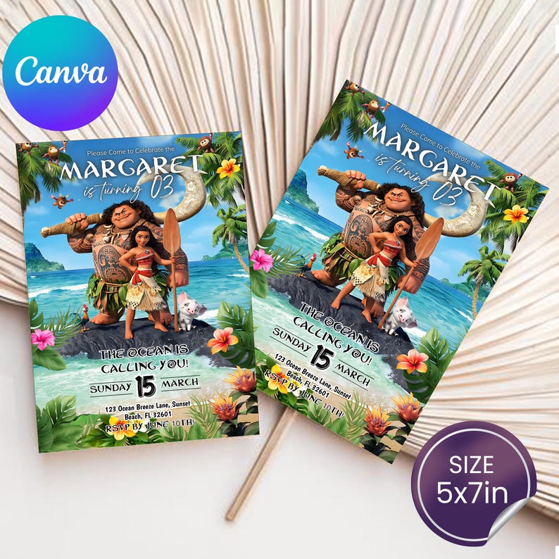 Baby Moana Birthday Invitation | Editable Canva Template Evite | Printable Ocean Theme Party Invite for Girl | Instant Digital Download Card