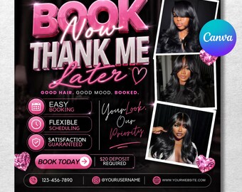 Folleto de búsqueda de nuevos clientes, Folleto de reservas para nuevos clientes, Folleto de reserva ahora, Folleto de peluquería, Trenzas, Técnica de uñas, Técnica de pestañas, Maquilladora, Folleto de pelucas, Plantilla de Canva