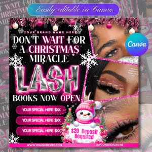 May include: A promotional graphic for lash services, featuring a black and pink color scheme with text that reads "Don't Wait For A Christmas Miracle." The image includes a snowman, snowflakes, and close-up images of long eyelashes.