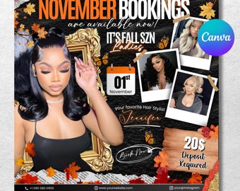 November Booking Flyer, Fall Szn Booking Flyer, November Books Open, Hair Lash Nail Braids MUA Wig, Thanksgiving Booking, Canva Editable