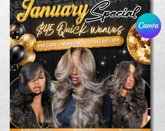 Folleto de reservas de enero, maquillaje para cabello, pestañas y uñas, folleto de apertura de libros de enero, folleto de reservas de Año Nuevo, folleto de reserva inmediata, cita (plantilla de Canva)