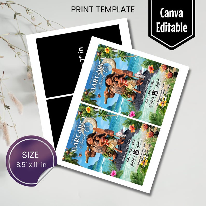 Baby Moana Birthday Invitation | Editable Canva Template Evite | Printable Ocean Theme Party Invite for Girl | Instant Digital Download Card