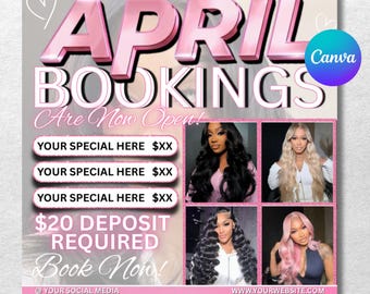 April Booking Flyer, Spring Booking Flyer, Easter Flyer, April Hair, Spring Books Open, April Book Now, April Lashes Nails Braid Wig Flyer