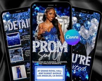 Prom Party Invitation, Digital Blue Prom Send Off Invite, Animated Graduation Boys Evite, Photo Video Prom Template, Editable eCard