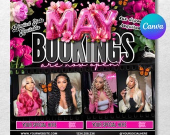 Plantilla DIY para reservas de mayo, folleto de mayo, plantilla DIY de Canva para maquillaje, cabello, pestañas, uñas, folleto para redes sociales, editable en Canva