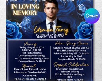 Blue Rose Funeral Announcement Flyer: In Loving Memory (Canva Template, Digital Download)